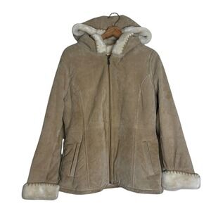 Sonoma‎ Hooded Genuine Suede Leather Coat with Faux Fur Interior size M Y2K cute